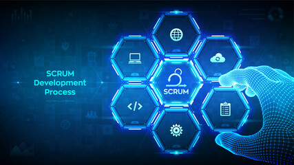 SCRUM. Agile development methodology process. Iterative sprint methodology. Programming and application design concept. Wireframe hand places an element into a composition visualizing SCRUM. Vector.
