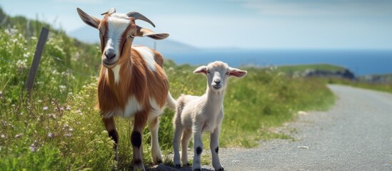 Sticker - A goat and a lamb are strolling through the grasslands of a ranch under the vast sky, surrounded by the natural beauty of the landscape