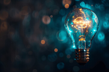 Bulb, idea concept with innovation and inspiration with blue glowing light on dark background