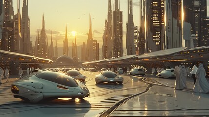 Wall Mural - A futuristic city with a large number of vehicles, including cars and spaceships
