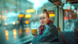 © Gil Macedo - Young girl drinking coffee on a cold day. Girl in the cafeteria drinking hot chocolate.