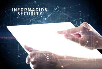 Poster - Holding futuristic tablet, security concept
