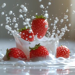 Poster - Fresh strawberries splashing into milk with droplets frozen in time. Bright, vibrant colors perfect for advertising. Healthy and appetizing image. AI