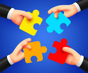 Wall Mural - Human hands solve jigsaw puzzle. Concept of team, cooperation. 3d cartoon style.