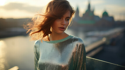 Wall Mural - young woman in a green shiny sweater with sequins and a long skirt against the background of the city, morning light, urban landscape, portrait, fashion, model, dress, girl