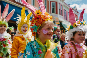 Poster - Colorful Easter parade with floats and costumes in a small town