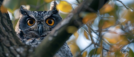 Illustration of a close-up image of an owl's face with big eyes in bright yellow on a tree It can convey wisdom, knowledge, intelligence, mystery,  superstition, nature, forests, wildlife, nighttime.