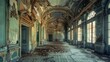 This is an image of a grand hall in an abandoned mansion. The hall is in disrepair, with the paint peeling from the walls and the furnitureç ´è´¥ä¸å ª.