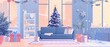 Flat interior illustration of a festive living room with furniture, sofa, armchair, three windows facing the snowy winter landscape, Christmas tree, gifts, garland and Christmas tree ornaments.