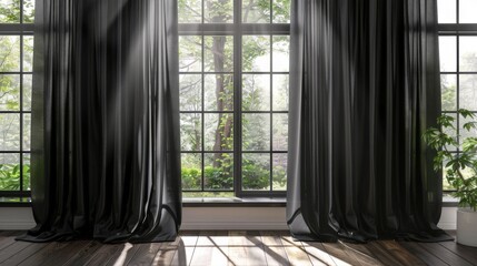 Wall Mural - Black curtains fluttering in the wind against the background of a room window.