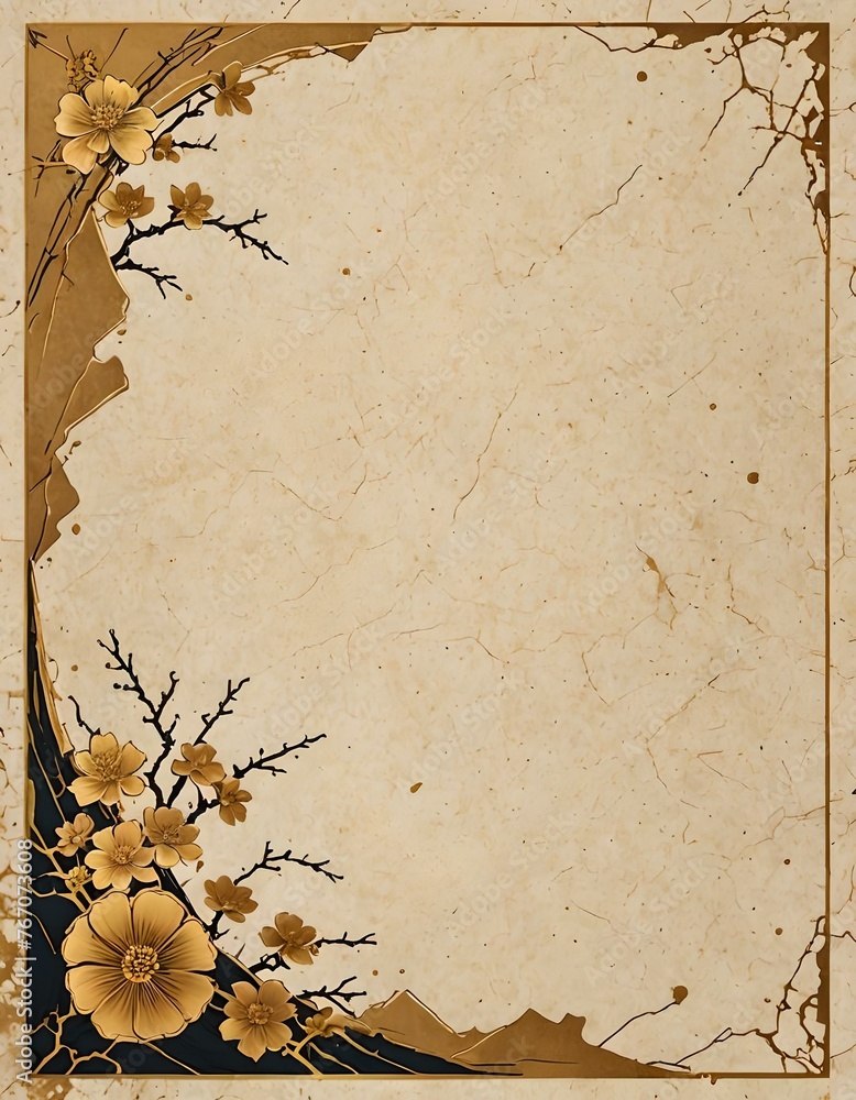 Gold and black kintsugi cracks and cherry blossoms frame border on ...