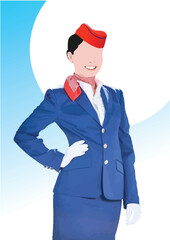 Wall Mural - Stewardess woman smiling and pointing to the. Colored hand drawn vector illustration