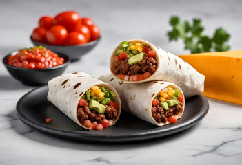 Poster - three burritos with meat, cheese and vegetables on a plate