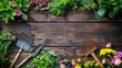 Gardening tools vibrant spring flowers and lush green plants lay on a rustic wooden table providing a backdrop with empty space for text
