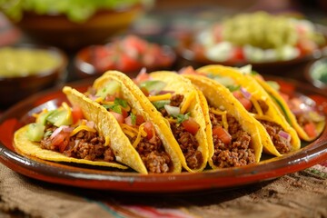 Wall Mural - A plate filled with colorful tacos topped with seasoned meat, fresh vegetables, and melted cheese