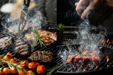 Wall Mural - A person is grilling steaks on a barbecue grill with flames visible