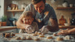 Two people and a child are making dough balls in a cozy, well-lit kitchen. It’s a warm, familial scene