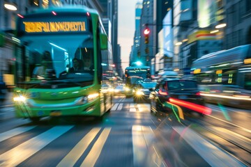 Wall Mural - A green bus navigates through the bustling city streets, surrounded by traffic and pedestrians