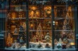 A festive Christmas display featuring various decorations and ornaments in a store window