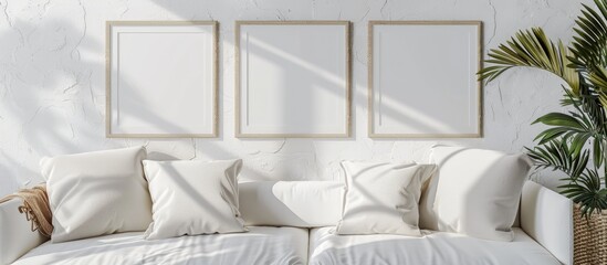 Canvas Print - Mockup of three empty photo frames on a white textured wall