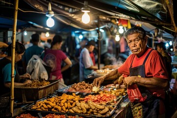 Wall Mural - A man standing in front of a display of food at a lively street night market