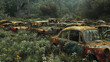 A car graveyard filled with rusting vehicles, representing the environmental consequences of mass transportation. 32K.