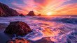 A dynamic beachscape during a dramatic sunset, with the sky ablaze in hues of orange and pink, and waves crashing against rugged rocks, creating a vibrant and awe-inspiring coastal panorama