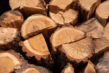 Wall Mural - Firewood background. Chopped firewood logs in a pile close-up. Preparing the house for heating. Preparation of firewood for the winter