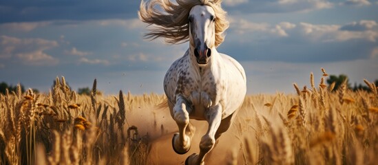 Sticker - A majestic white horse gallops through the golden wheat field under the vast blue sky, creating a breathtaking natural landscape in the grassland ecoregion