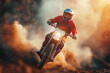 male racer on a sport enduro motorcycle races on dusty road at sunset in summer