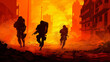 soldiers run escape bomb in damaged city by silhouette design