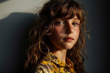 Wall Mural - Portrait of a beautiful little girl with long curly hair, studio shot.