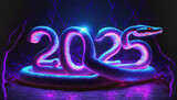 Fototapeta Psy - Chinese 2025 New Year neon purple glowing snake. Zodiac symbol design. banner, card, poster and template. Happy Chinese New Year. Year Of The Snake. Illustration.