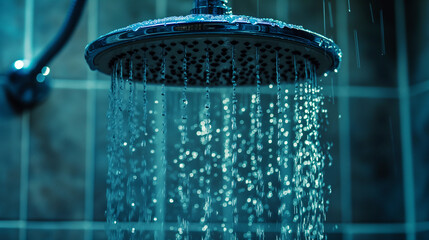 Wall Mural - Shower head and falling water drops.