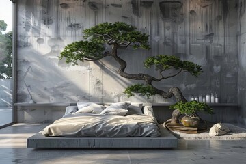 Sticker - Industrial Loft Bedroom with Concrete Walls and Large Bonsai Tree, 3D Interior Rendering