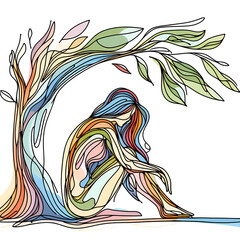 Wall Mural - Sexy woman sitting under a tree, colorful line art drawing on white background