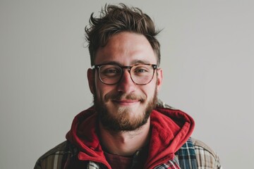 Portrait of a handsome hipster man wearing glasses and a red scarf