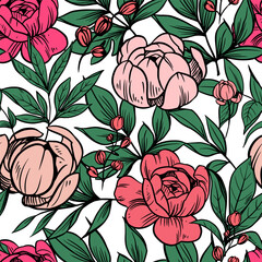 Wall Mural - Peonies flowers. Vector floral seamless pattern.