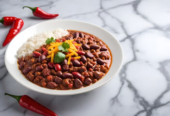 Wall Mural - chili con carne in a white bowl with rice and cheddar cheese