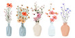 花瓶の花。陶製の花瓶とガラス瓶に漫画の花の花束。自然の植物とインテリアの装飾。開花を祝う花束。ベクトルコレクション