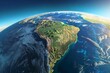 Satellite view of South America with Amazon rainforest and Andes mountains, 3D illustration