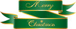Goldener Schriftzug Merry Christmas auf einer grünen Banderole