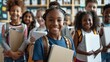 © Sittipol  - Happy young university students studying with books in library. Portrait group of multiracial people in college library. smiling diverse school children standing posing in classroom holding notebooks