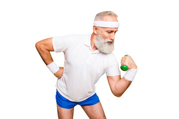 Poster - Body care, hobby, weight loss lifestyle. Cool grandpa with confident grimace exercising holding equipment up, lifts it with strength and power, wearing blue sexy shorts, show legs