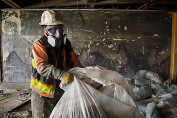 Wall Mural - construction worker with respirator bagging asbestos waste