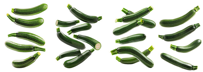 Set of Falling zucchini isolated on white background, clipping path, full depth of field 