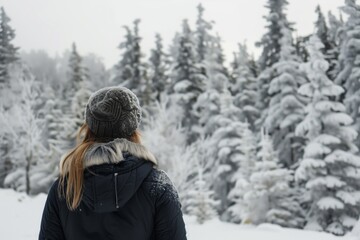 Canvas Print - back shot, woman facing snowcovered trees