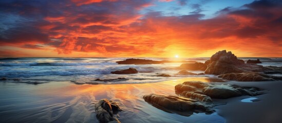 Poster - The red sky at morning transforms into a picturesque sunset over the beach, with rocks and waves painting a serene natural landscape against the dusk sky