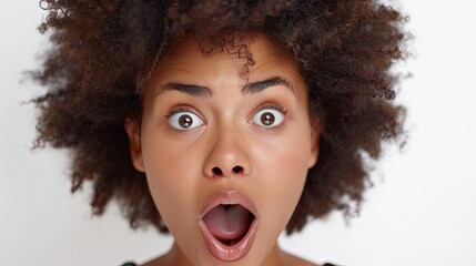 Shocked European woman while watching look above isolated white background .Image of excited screaming young woman standing isolated over orange background. Looking camera.Portrait American woma