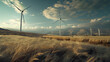 Windräder auf einem Feld, Wolken am Himmel, Erneuerbare Energie, Grüne Energie, Umweltfreundliche Stromgewinnung, Zukunft der Energiegewinnung, Windturbine 